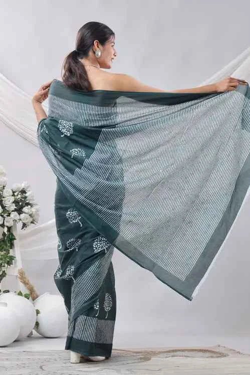 Forest Grace Deep Green Handblock Cotton Saree
