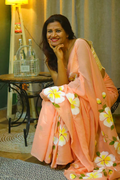 Peach Blossom Mull Cotton Handprint Saree