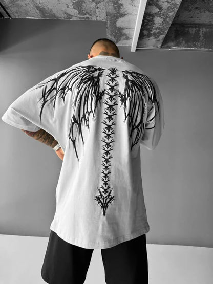 THALASI Men Cotton Printed Aesthetic Oversized Tshirt for Men - Black T Shirt for Men Stylish | Half Sleeve Oversize Fit Round Neck Tshirts - Down Shoulder & Baggy Fit Korean Tshirts for Man & Boys