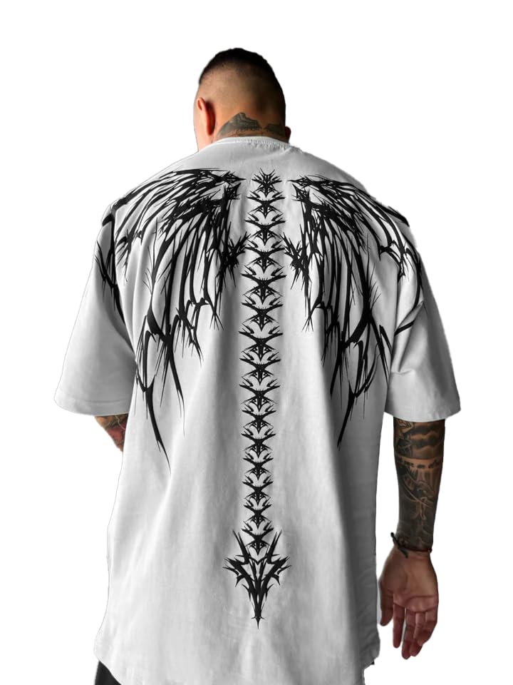 THALASI Men Cotton Printed Aesthetic Oversized Tshirt for Men - Black T Shirt for Men Stylish | Half Sleeve Oversize Fit Round Neck Tshirts - Down Shoulder & Baggy Fit Korean Tshirts for Man & Boys