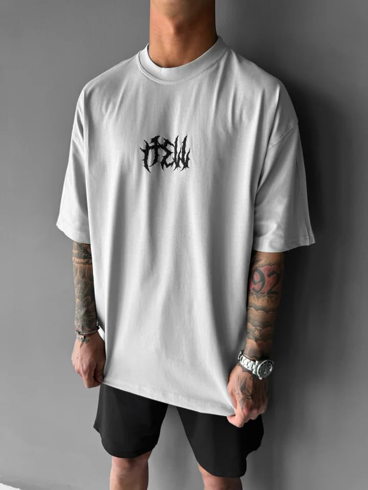 THALASI Men Cotton Printed Aesthetic Oversized Tshirt for Men - Black T Shirt for Men Stylish | Half Sleeve Oversize Fit Round Neck Tshirts - Down Shoulder & Baggy Fit Korean Tshirts for Man & Boys