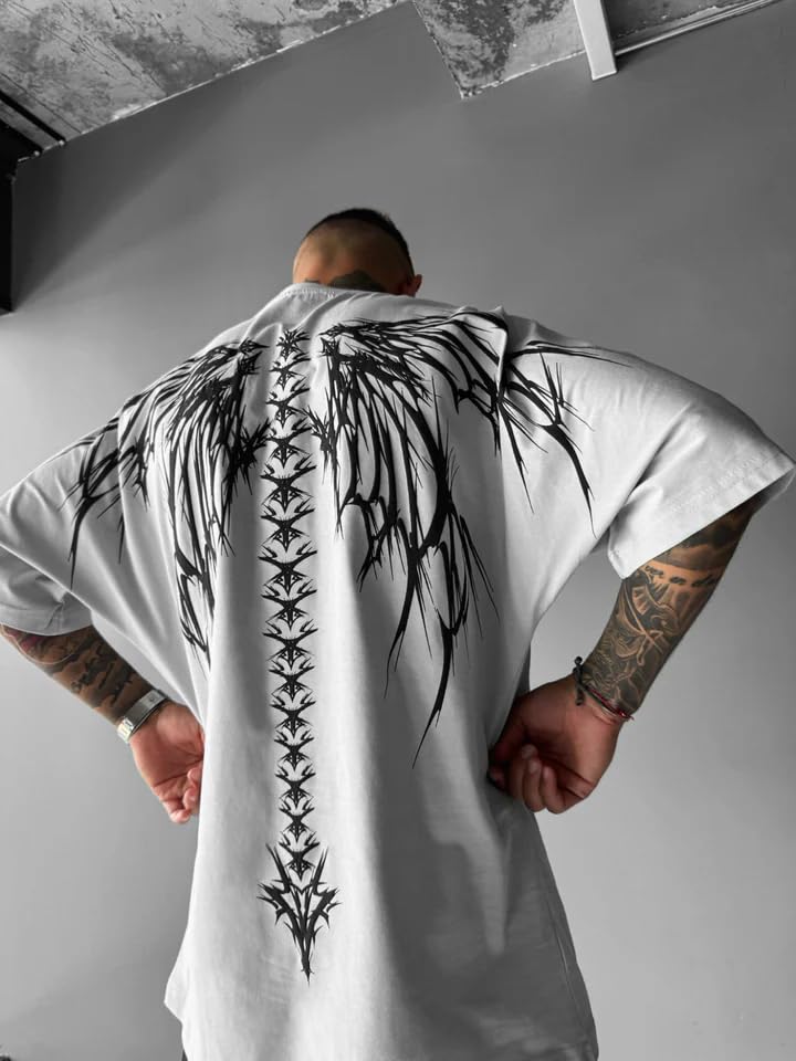 THALASI Men Cotton Printed Aesthetic Oversized Tshirt for Men - Black T Shirt for Men Stylish | Half Sleeve Oversize Fit Round Neck Tshirts - Down Shoulder & Baggy Fit Korean Tshirts for Man & Boys