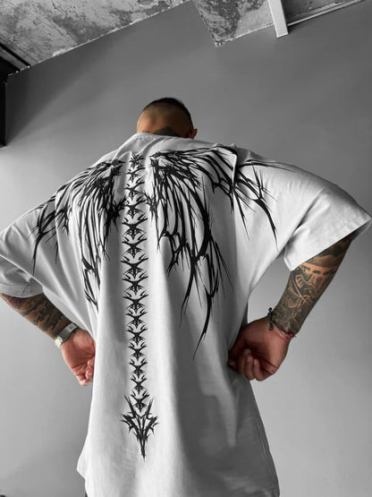 THALASI Men Cotton Printed Aesthetic Oversized Tshirt for Men - Black T Shirt for Men Stylish | Half Sleeve Oversize Fit Round Neck Tshirts - Down Shoulder & Baggy Fit Korean Tshirts for Man & Boys