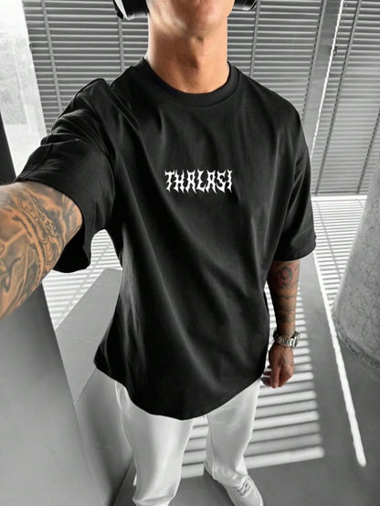 THALASI Men Cotton Printed Aesthetic Oversized Tshirt for Men - Black T Shirt for Men Stylish | Half Sleeve Oversize Fit Round Neck Tshirts - Down Shoulder & Baggy Fit Korean Tshirts for Man & Boys
