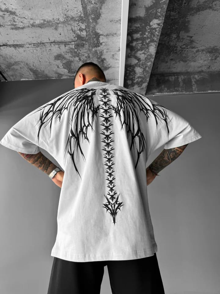 THALASI Men Cotton Printed Aesthetic Oversized Tshirt for Men - Black T Shirt for Men Stylish | Half Sleeve Oversize Fit Round Neck Tshirts - Down Shoulder & Baggy Fit Korean Tshirts for Man & Boys