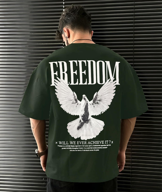 LEWEL Men's Stylish Fashion Cotton Round Neck 3/4th Sleeve Graphic Print Oversized T-Shirt (Green)