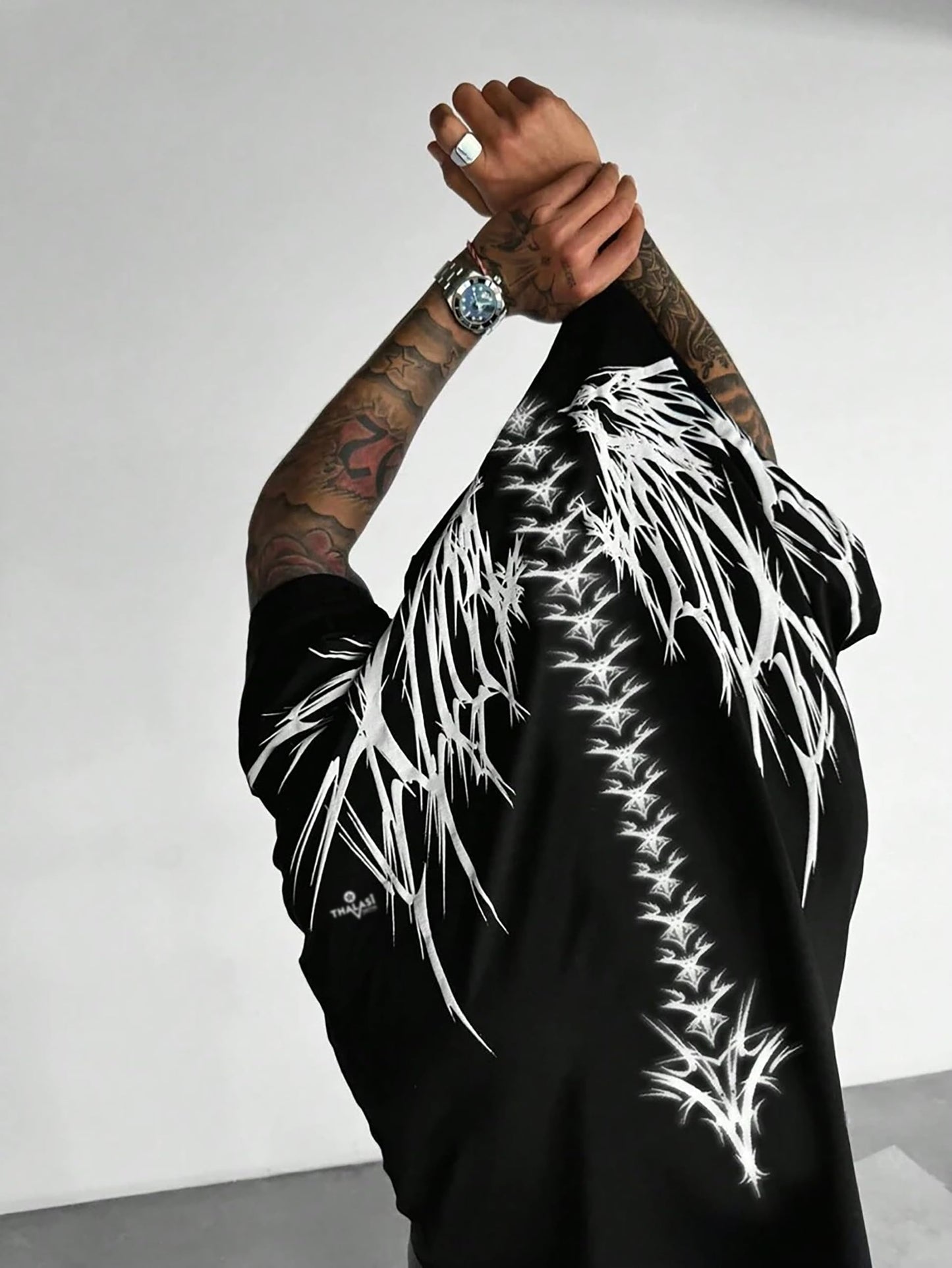 THALASI Men Cotton Printed Aesthetic Oversized Tshirt for Men - Black T Shirt for Men Stylish | Half Sleeve Oversize Fit Round Neck Tshirts - Down Shoulder & Baggy Fit Korean Tshirts for Man & Boys