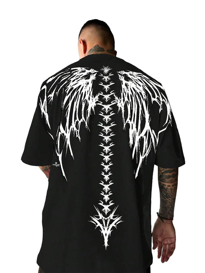 THALASI Men Cotton Printed Aesthetic Oversized Tshirt for Men - Black T Shirt for Men Stylish | Half Sleeve Oversize Fit Round Neck Tshirts - Down Shoulder & Baggy Fit Korean Tshirts for Man & Boys