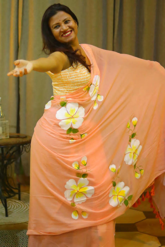 Peach Blossom Mull Cotton Handprint Saree