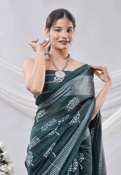 Forest Grace Deep Green Handblock Cotton Saree