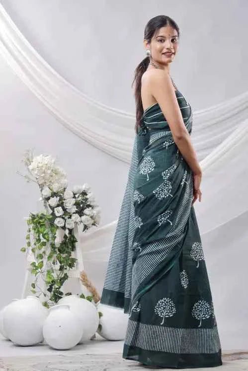 Forest Grace Deep Green Handblock Cotton Saree