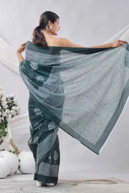 Forest Grace Deep Green Handblock Cotton Saree