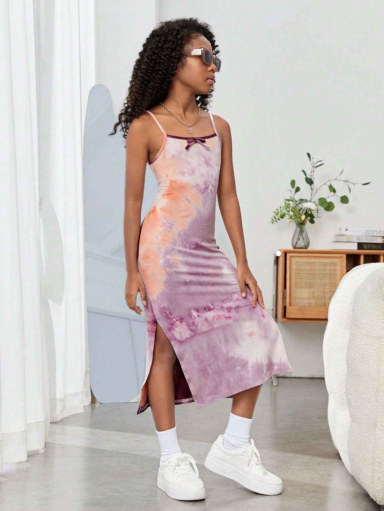 Mauve Mirage Tie-Dye Spaghetti Strap Midi Dress